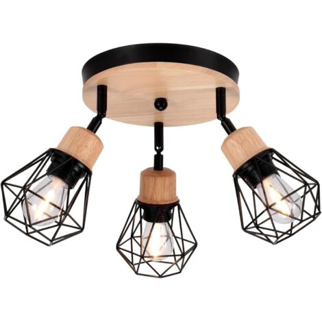 3 Lampes Suspension Métal Bois E27 Design Industriel Rétro Pour Salon Cuisine Chambre