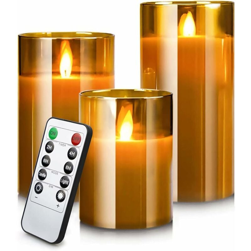 3 LED Bougies Sans Flamme, Bougies Electrique Piliers en Verre Doré LED Flamme Vacillante, Bougies à Piles avec Télécommande et Minuterie