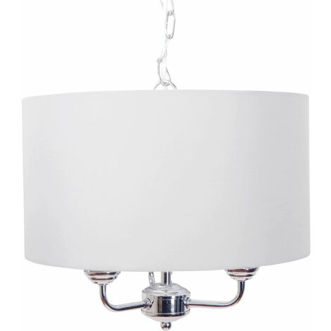 3 Light Chrome Pendant Chandelier with Light Cream Fabric Shade - Polished chrome plate and cream cotton
