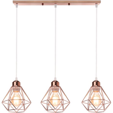 WOTTES 3-Light Industrial Ceiling Pendant Light Metal Cage Chandelier Lampshade for Living Room - Rose Gold