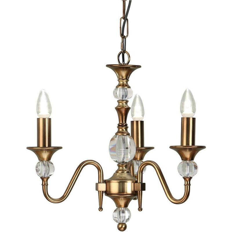 Interiors 1900 Lighting - Interiors - 3 Light Multi Arm Ceiling Pendant Chandelier Antique Brass, Crystal, E14