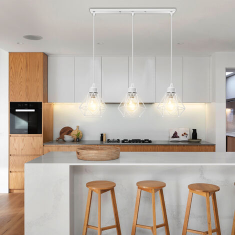 3 Lights Industrial Vintage Pendant Light Diamond Lampshade Cage Made of Iron Ceiling Lamp for Living Room Kitchen Restaurant White