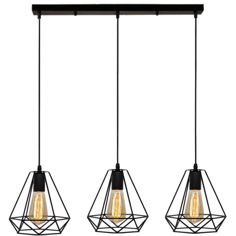 3 Lights Pendant Light Vintage Geometric Cage Chandelier Lamp E27 Black Metal for Bedroom Living Room Dining Room