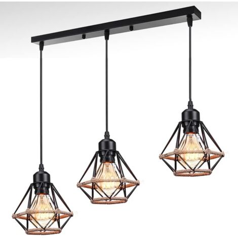 3 Luce Lampada a Sospensione Vintage Metallo Corde di Canapa Lampada da Soffitto Altezza Regolabile E27 per Soggiorno Cucina Camera da Letto (Nero)