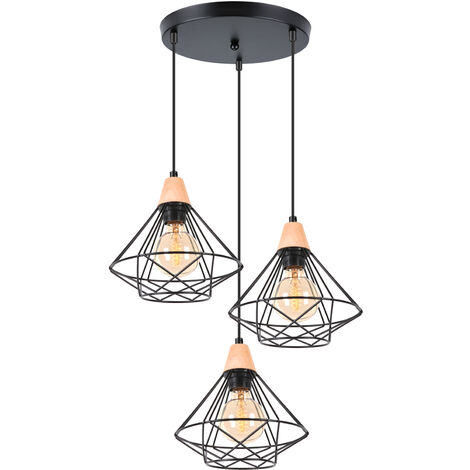 3 Luces E27 40W Lámpara Colgante Jaula de Metal y Madera Lámpara de Techo 22cm para Dormitorio Sala de Estar Negro