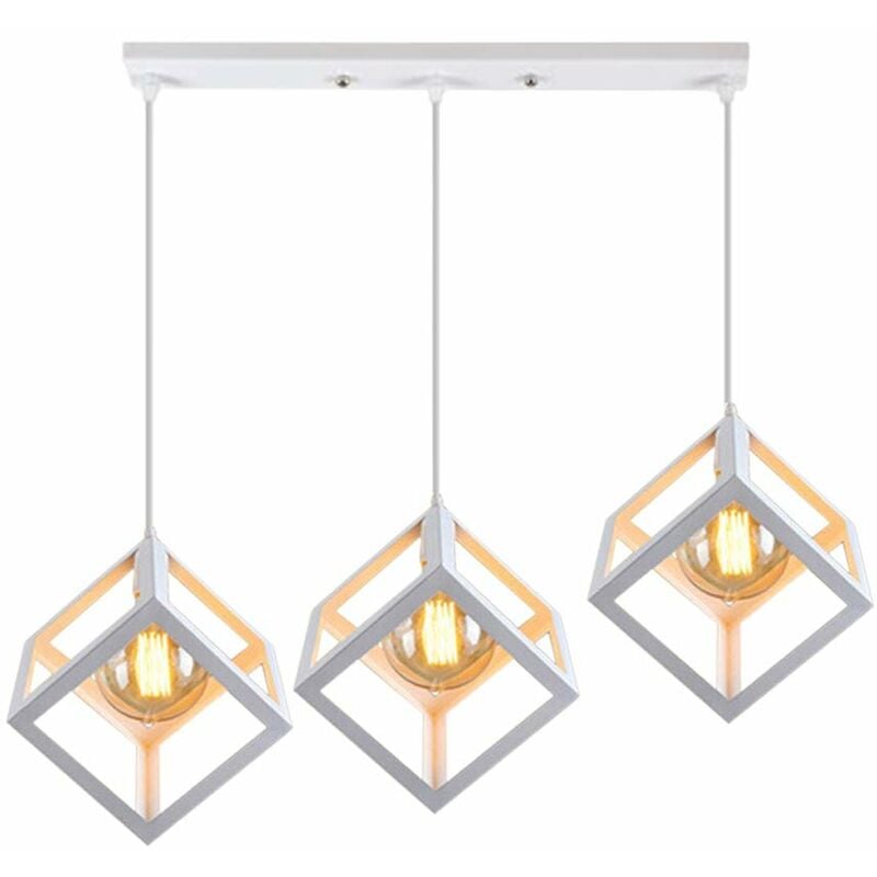 3 Luces Lámpara Colgante, Lámparas de Techo Retro con Jaula Cube, Luz de Techo E27 para Pasillo Dormitorio Sala Cafetería - Blanco