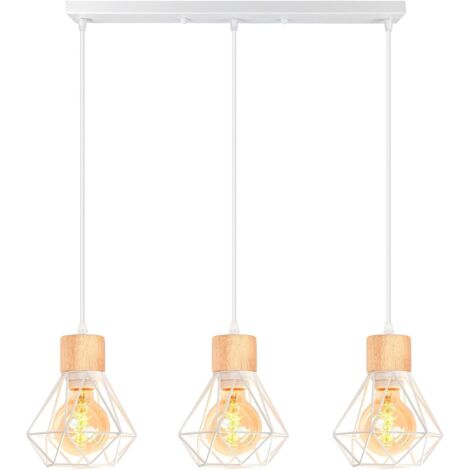 3 Luces Lámpara Colgante Vintage 16CM Retro Lámparas de Techo Diseño de Jaula Blanco Luz Colgante en Madera Hierro E27 Iluminación de Techo de Interior para Comedor Cocina (Araña 3 Luces B)