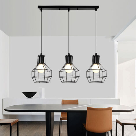 3 Luces Lámpara Colgante, Vintage Iluminación Lámpara de Techo con Jaula de Alambre Edison E27 Bulbo para Dormitorio Sala Cocina Negro - Base Rectangular