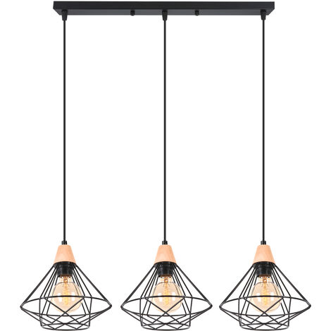 3 Luci Industriale Lampadario Forma di Diamante in Metallo e Legno E27 Lampada da Soffitto per Camera da Letto Soggiorno Sala da Pranzo Nero