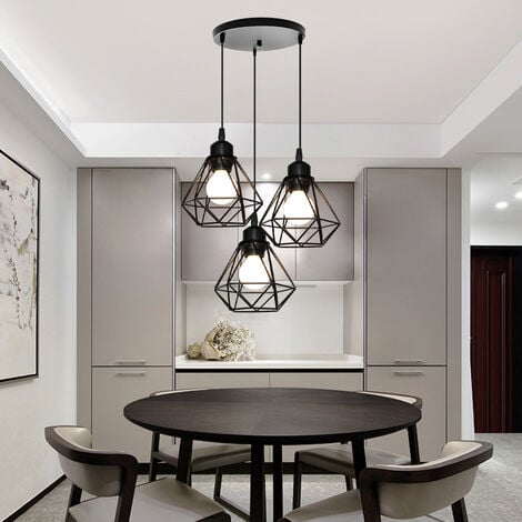 3 Luci Industriale Vintage Lampada a Sospensione Paralume Diamante in Ferro Lampadario per Soggiorno Sala da Pranzo Camera da Letto Nero