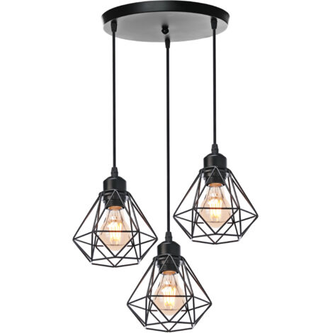 3 Luci Retro Lampada a Sospensione Nero Vintage Industriale Loft Bar Metallo Paralume da Soffitto E27 Rotonda Base (Senza Lampadine)