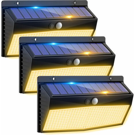 3 luci solari per esterni con sensore di movimento, 368 faretti a LED con sensore di movimento, 3 modalità, IP65 impermeabile, bianco caldo