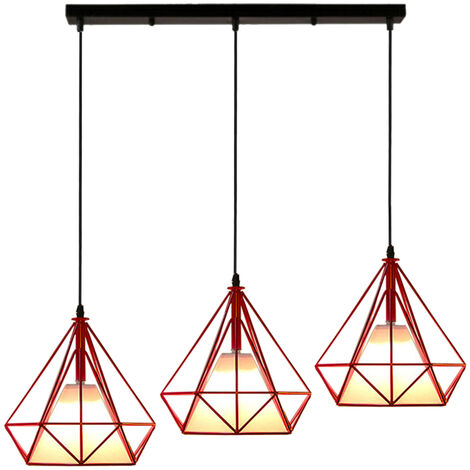 3 Lumière Suspension Rétro Industrielle Cage Diamant en Métal E27 Lustre Suspension 25cm Rouge