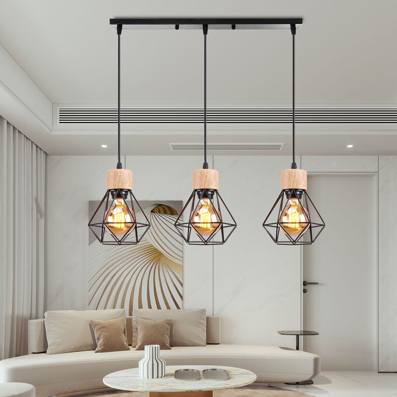 3 Lumières E27 Suspension Luminaire en Forme Diamant Lampe de Plafond Industrielle Rétro Plafonnier en Métal Bois pour Salle à Manger Chambre Salon