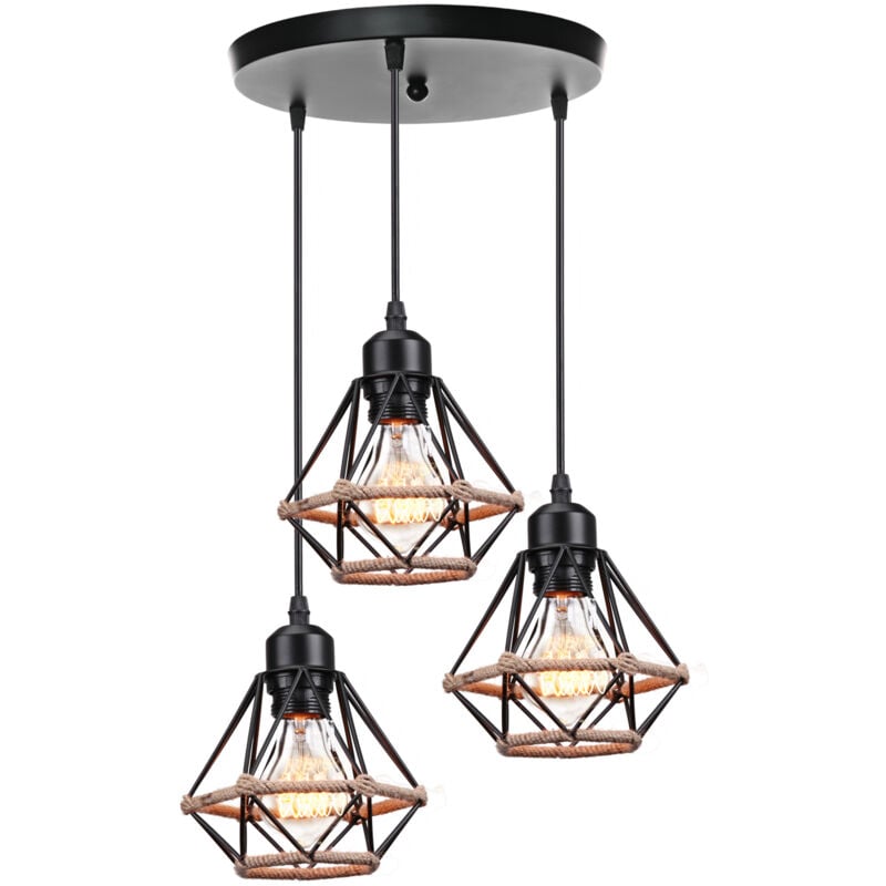 3 Lumières Lustre D'Intérieur Moderne E27 Suspension Luminaire Rétro Lampe À Suspension Vintage, Pour Couloir Bureau Chambre À Coucher Noir