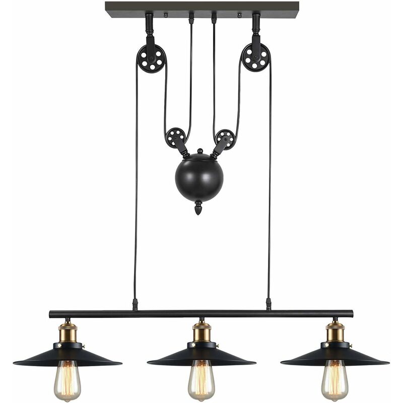 Industriel Lustre Suspension 3 Luminaires en Métal Poulie E27 Noir pour Salon Bar Restaurant