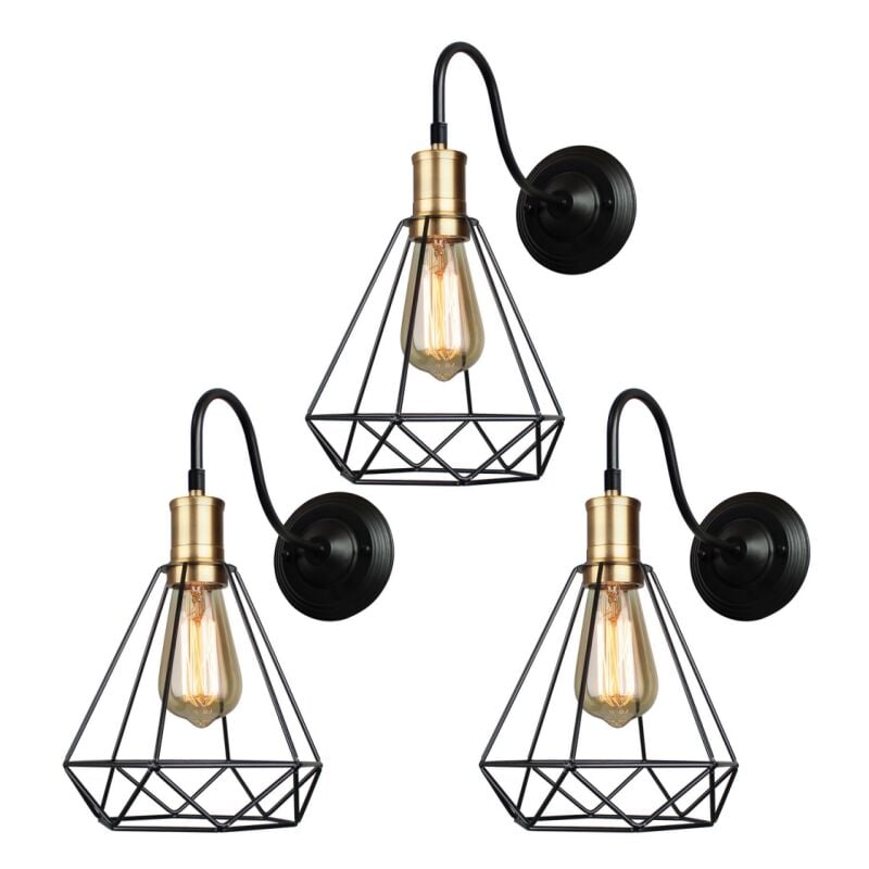 Applique Murale Intérieure Rétro Luminaire Plafonnier Diamant Cage en Métal E27 Ø20CM pour Salon Chambre Café Bar Noir - 3Pcs