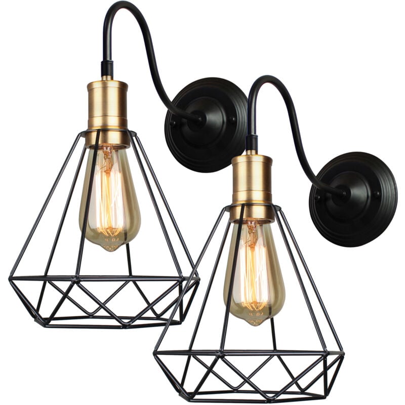 Applique Murale Intérieure Rétro Luminaire Plafonnier Diamant Cage en Métal E27 Ø20CM pour Salon Chambre Café Bar Noir - 2Pcs