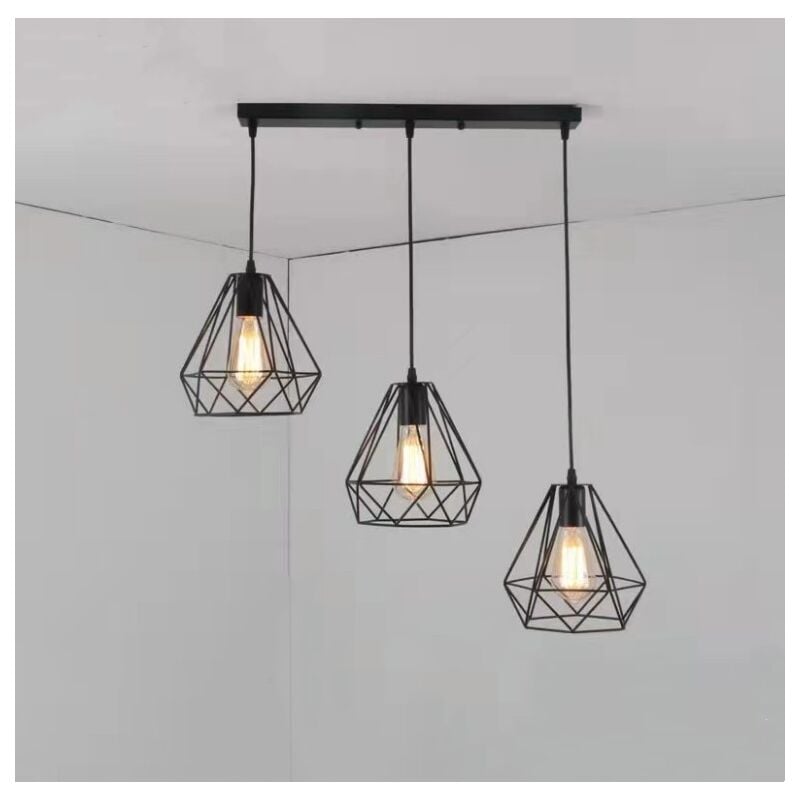3 Lumières Lustre Suspension E27 Lampe de Suspension Cage Métal pour Chambre Salon Bar Cuisine - Noir