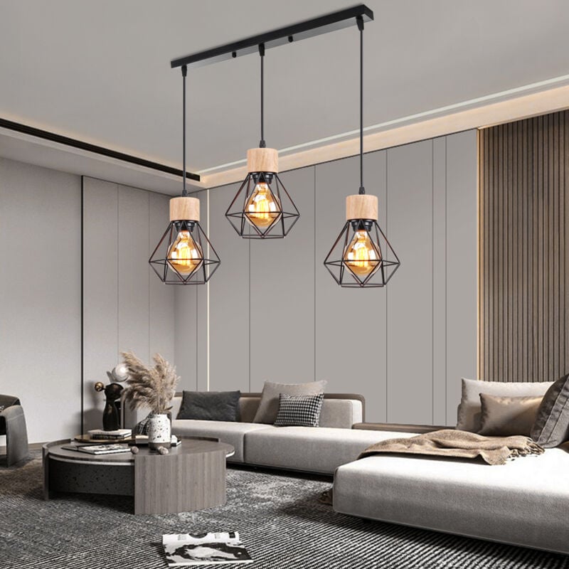 3 Lumières Lustre Suspension en Métal et Bois Lampe de Plafond en Forme Diamant Plafonnier Industrielle Rétro E27 pour Salle à Manger Chambre Salon