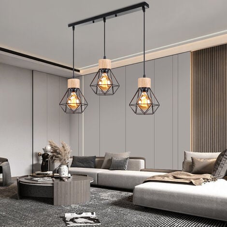 AXHUP 3 Lumières Lustre Suspension en Métal et Bois Lampe de Plafond en Forme Diamant Plafonnier Industrielle Rétro E27 pour Salle à Manger Chambre Salon Noir
