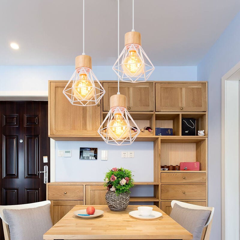 3 Lumières Lustre Suspension Industriel Abat-jour en Forme Diamant Lampe de Plafond Design en Métal et Bois pour Salon Cuisine Chambre Blanc