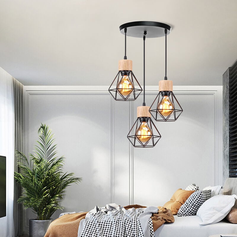 3 Lumières Lustre Suspension Industriel Abat-jour en Forme Diamant Lampe de Plafond Design en Métal et Bois pour Salon Cuisine Chambre Noir