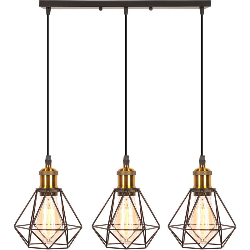 3 Lumières Plafonnier Rétro Suspension Lustre E27 Cage En Métal Noir Suspension Luminaire Vintage D'Intérieur