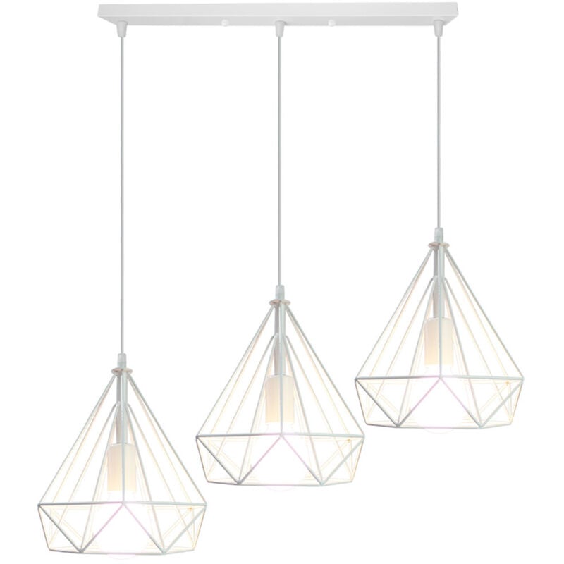 3 Lumières Suspension Luminaire Rétro Lustre Antique Diamant Plafonnier Blanc Industriel Métal Vintage 25 Cm