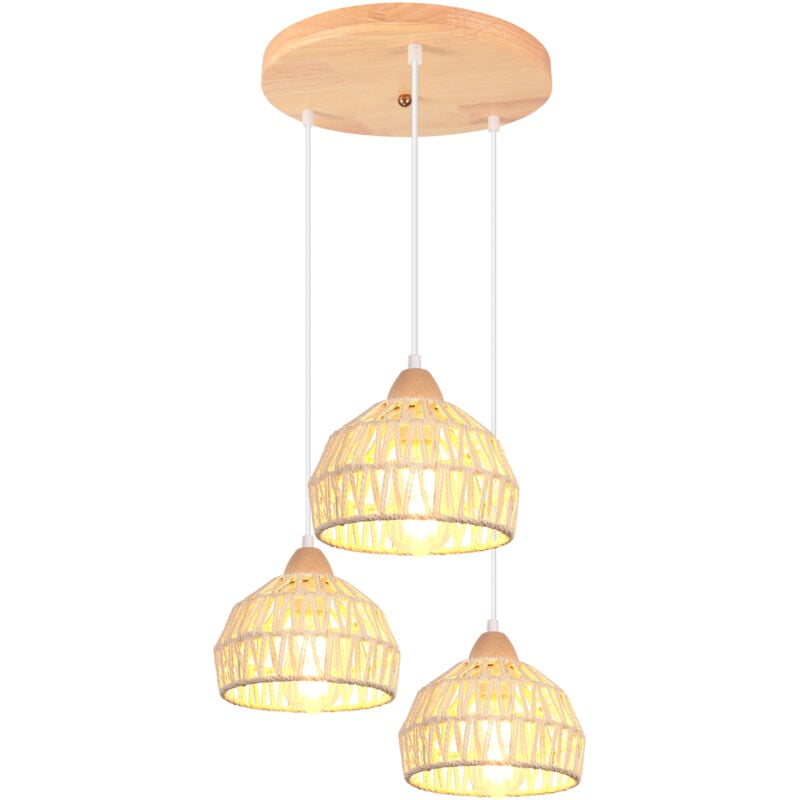 3 Lumières Suspension Luminaire Rétro Lustre Tressé En Corde De Chanvre Plafonnier D'Intérieur Moderne Pour Bar Couloir Blanc