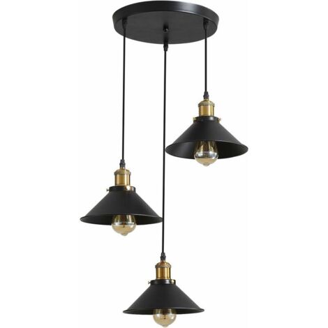 3 Lumières， Suspension Rétro Industriel Lustre， Plafonniers Design Edison Métal， Lustre Suspension avec Support de Plaque Circulaire, Ø 22cm, Noir