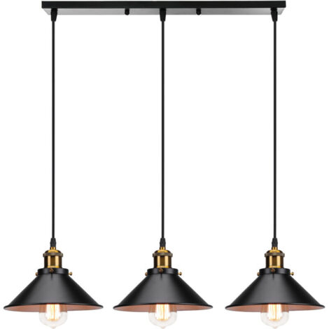 3 Lumières Suspension Rétro Industriel Plafonniers Design Edison Métal Lustre Suspension avec Support de Barre, Ø 22cm, Noir et blanc