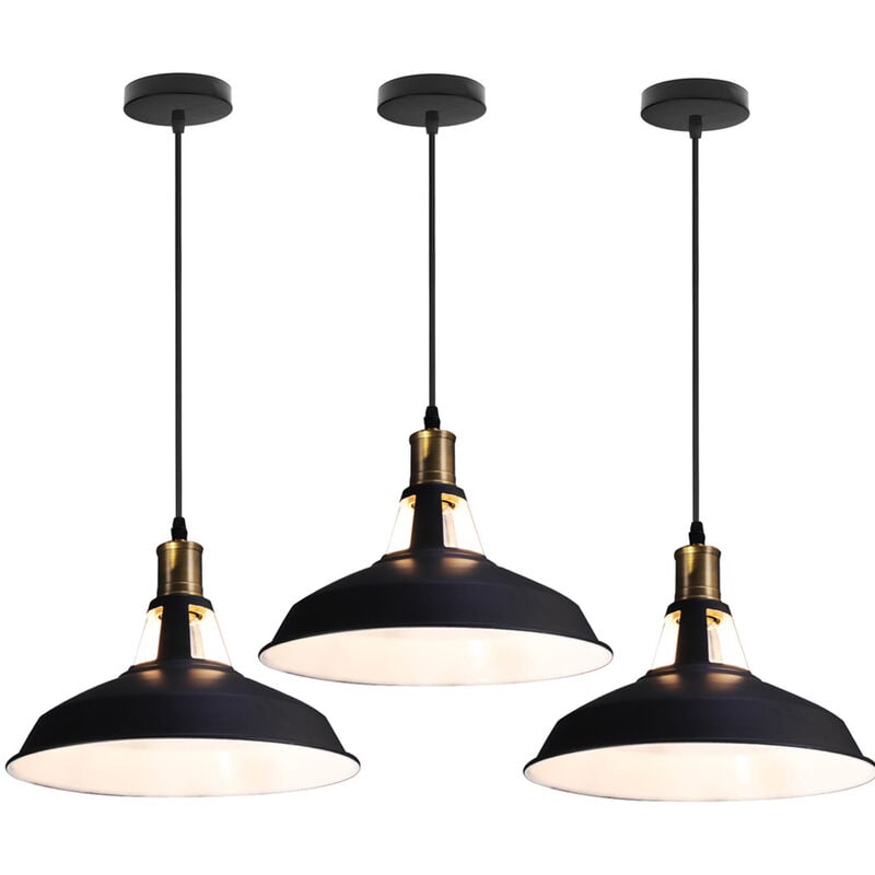Lustre Suspension Industrielle Vintage Luminaire Plafonnier Abat-jour en Métal Lampe à Suspension Ajustable E27 Ø27CM Noir + Blanc - 3Pcs
