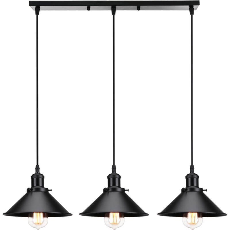 Wottes - 3 Luminaires Lustre Suspension Industriel Lampe de Suspension pour Chambre Bar Tout Noir Base Rectangulaire
