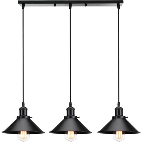 3 Luminaires Lustre Suspension Industriel Lampe de Suspension pour Chambre Bar Tout Noir Base Rectangulaire