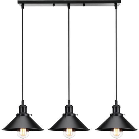 3 Luminaires Lustre Suspension Industriel Lampe de Suspension pour Chambre Bar Tout Noir Base Rectangulaire - Noir