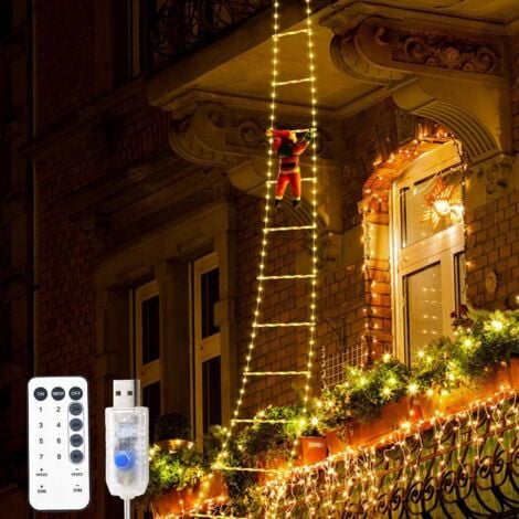 TONCHEAN 3 M Guirlande lumineuse à LED en forme d'échelle de Père Noël, Avec Père Noël Grimpant, 8 Modes, Fonction Mémoire Minuteur, Étanche, pour Decoration Noel Exterieur et Interieur (Chaud) [Classe énergét