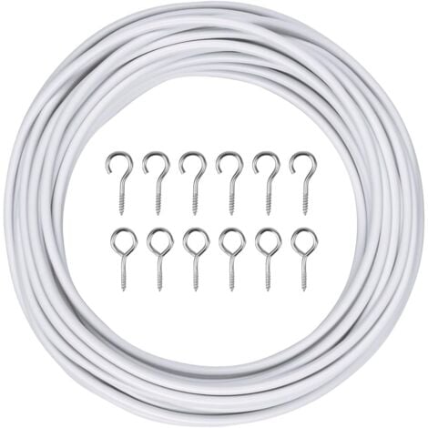 3 Mètre Fil à Rideau, Ensemble de Fil de Rideau, Fil de Rideau Blanc Câble de Rideau, Fil de Rideaux Corde, Cable pour Rideaux avec 6 œillets et 6 crochets pour Poteaux de Rideau