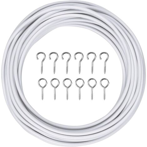 3 Mètre Fil à Rideau, Ensemble de Fil de Rideau, Fil de Rideau Blanc Câble de Rideau, Fil de Rideaux Corde, Cable pour Rideaux avec 6 œillets et 6 crochets pour Poteaux de Rideau