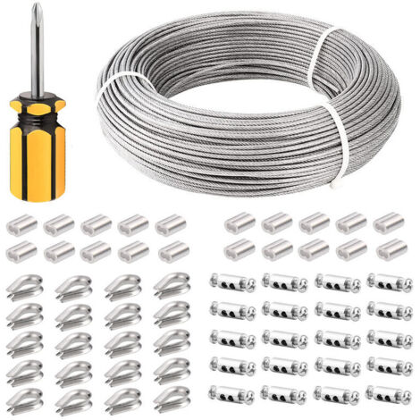3 mm Edelstahlseil, 100 m/3 mm Edelstahlseil, beschichtetes Stahlseil mit Kabelklemmen, M3-Hülsen, Edelstahlösen, 3 mm Drahtseil für Wäscheleinen, Geländerseil