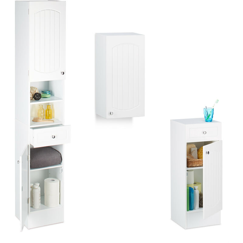 3 Mobili Bagno, Colonna, Set Armadietti con Anta, 2 con Cassetto, Design a Lamella, mdf, da Parete e Terra, Bianco