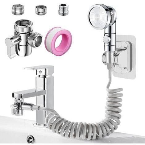 3 Modes Douchette Lavabo Salle de Bain avec Tuyau Télescopique de 2m et Support, Ensemble Pommeau Douche pour Lavabo avec 3 Voies Valve Inverseur de M22-24 G1/2(Gris Tuyau)