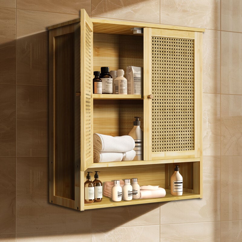 3-Niveaux Meuble Mural Rangement Salle de Bain en Bamboo, 59x20x66cm Naturel Armoire Suspendu de Stockage avec Porte Tissage Magnétique pour Toilette