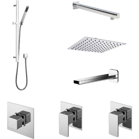 3 Outlet Concealed Valves Shower Bundle with Slide Rail Kit, Wall Mount Arm, Head & Bath Spout- Chrome