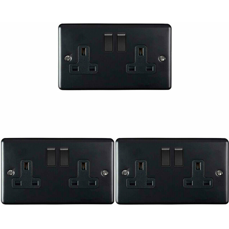 3 pack 2 Gang Double uk Plug Socket matt black 13A Switched Power Outlet