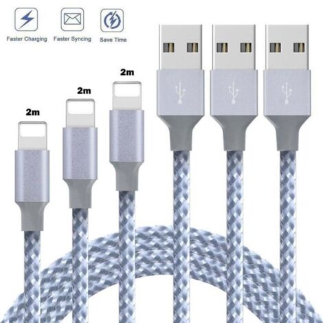 3 Pack 2m Câble Phone Nylon Tressé Connecteur en Aluminium Compatible avec iPhone XS/XR/X/8/8 Plus /7/7 Plus/6S/6S - blanc
