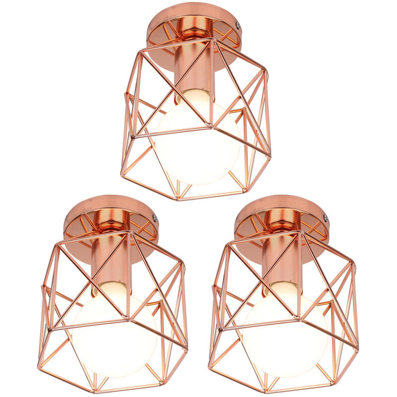 3X Industrial Ceiling Lighting Fitting Vintage Retro Metal Chandelier Antique Ceiling Lamp with Cube Shape Lampshade E27 (Rose Gold)