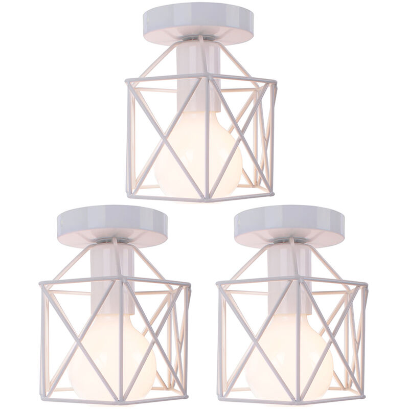 3X Industrial Ceiling Lighting Fitting Vintage Retro Metal Chandelier Antique Ceiling Lamp with Cube Shape Lampshade E27 (White)