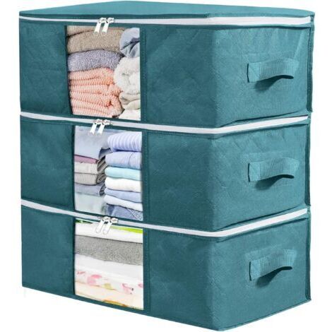3 Pack (Blue) Clothes Storage Bag, Under Bed Clothes Storage Box, Fabric Clothing Finishing, for Storing Duvets, Clothes, Bedding, Waterproof, 48 x 35 x 20 cm