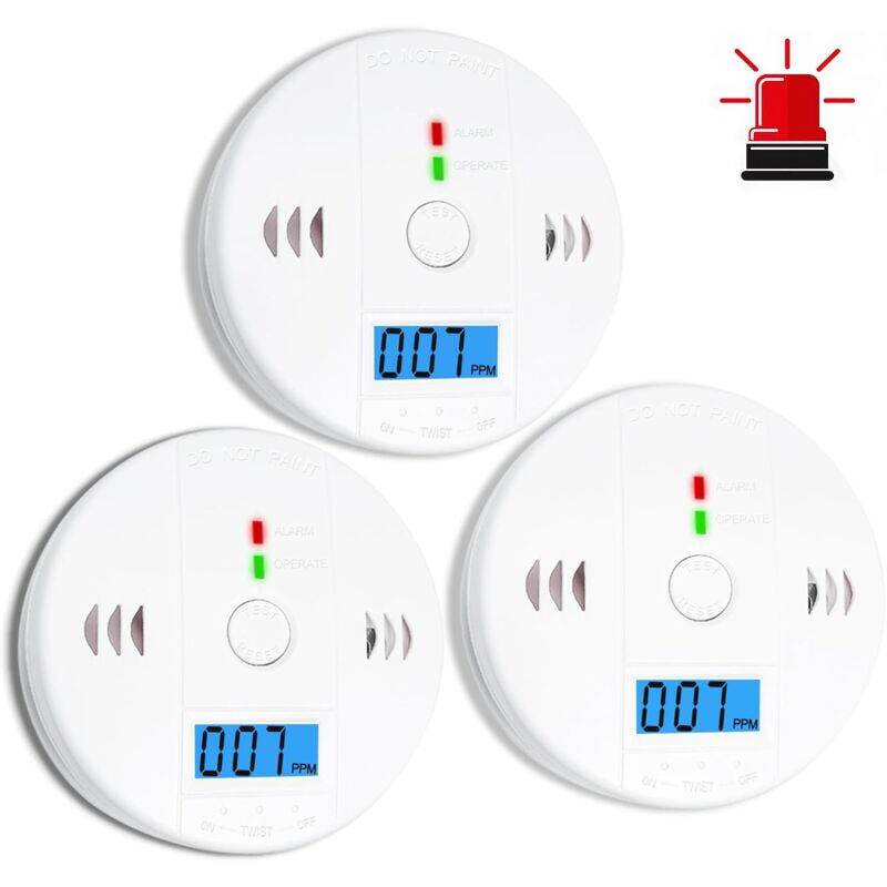 Longziming - Lot de 3 détecteurs de monoxyde de carbone, détecteur de co, alarme de monoxyde de carbone, détecteur de CO2 alimenté par batterie avec